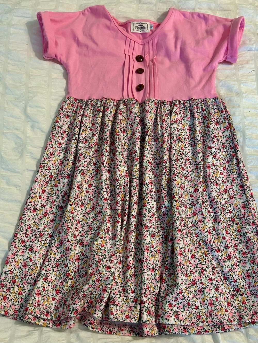 Girls' Pink Floral Casual Dress with Button Detail
